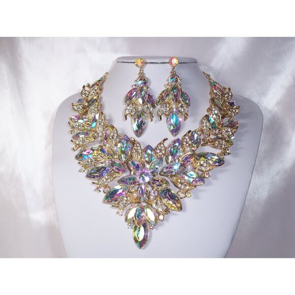 AB rhinestone necklace set, statement bridal  drag queen prom party necklace - Picture 1 of 6